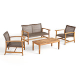 Hampton Outdoor 4 Piece Wood and Wicker Chat Set, Mixed Mocha Noble House