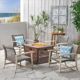 Hampton Outdoor 4 Piece Wood and Wicker Club Chair Set with Fire Pit, Light Gray with Mixed Black and Brown Noble House