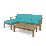 Noble House Santa Ana Outdoor 3 Seater Acacia Wood Sofa Sectional with Cushions, Light Brown and Teal
