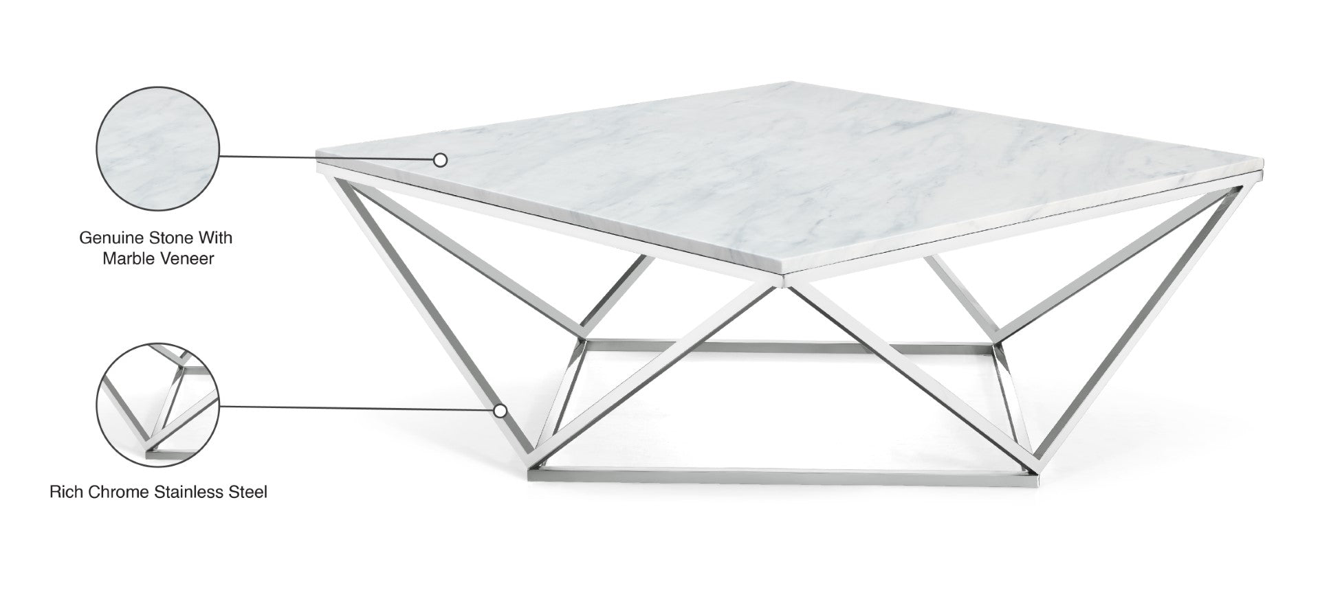 Skyler Contemporary Stainless Steel Coffee Table with Marble Top - Thumbnail 5