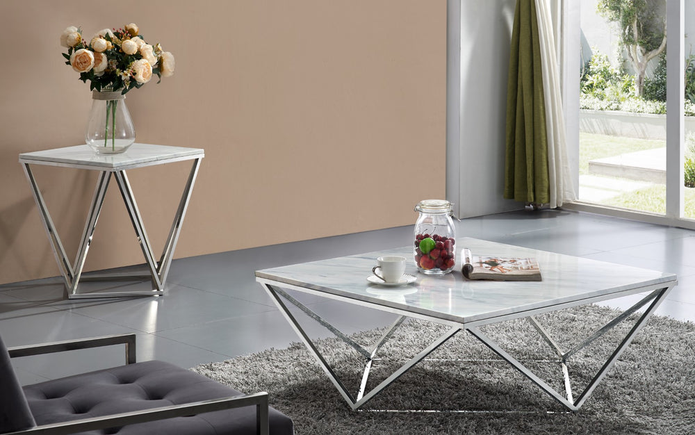 Skyler Marble / Stainless Steel Contemporary Chrome End Table - 20" W x 20" D x 22" H
