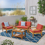 Grenada Patio Conversation Set with Coffee Table, 4-Seater, Acacia Wood, Teak Finish with Red Outdoor Cushions Noble House