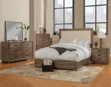 Alpine Furniture Camilla California King Panel Bed w/Upholstered Headboard & Nailheads, Antique Grey 1800-07CK Antique Grey Plantation Mahogany Solids & Okoume Veneer 75.5 x 90 x 60