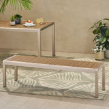 Cape Coral Outdoor Modern Aluminum Dining Bench with Faux Wood Seat, Natural and Silver Noble House