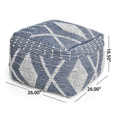 Brinket Large Contemporary Handcrafted Faux Yarn Square Pouf, Ivory and Navy Blue Noble House