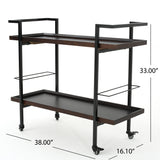 Gerard Modern Industrial 2-Tier Wood Bar Cart with Wheels, Dark Walnut and Black Noble House