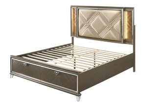 Skylar Glam/Contemporary Bed with Storage Padded HB] PU • Wood Frame] Dark Champagne (Majestic Gold) 25320Q-ACME