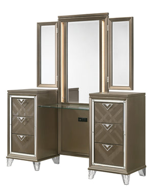 Skylar Glam/Contemporary Vanity Desk & Mirror Padded HB] PU • Wood Frame] Dark Champagne (Majestic Gold) 25327-ACME