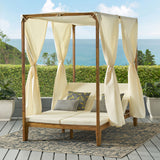 Noble House Kinzie Outdoor 2 Seater Adjustable Acacia Wood Daybed with Curtains, Teak and Cream