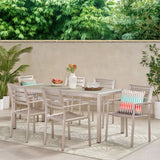 Noble House Cape Coral Outdoor Modern 6 Seater Aluminum Dining Set with Tempered Glass Table Top, Gray and Silver