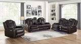 Joshua Leather Console Loveseat with Power Footrest & Hr Dk Brown