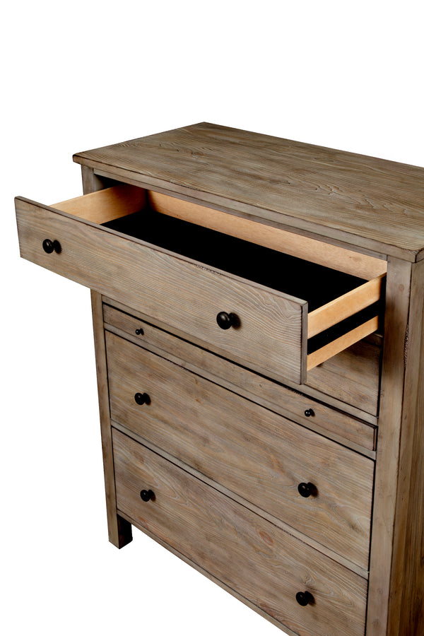 Classic 5 Drawer Chest in Natural Gray Finish with Pullout Shelf and Felt Lined Top Drawer, Elegant!
