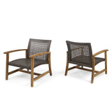 Hampton Outdoor Wood and Wicker Club Chairs, Teak Finish and Mixed Mocha Noble House