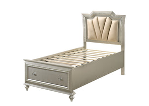 Kaitlyn Glam/Contemporary Bed with Storage Champagne PU (cc#) • Champagne (Embossed Basketball Panel) • Finishing Steps: Wood Filler, NC whit prime, Champagne Toner, NC Lacquer) 27240T-ACME