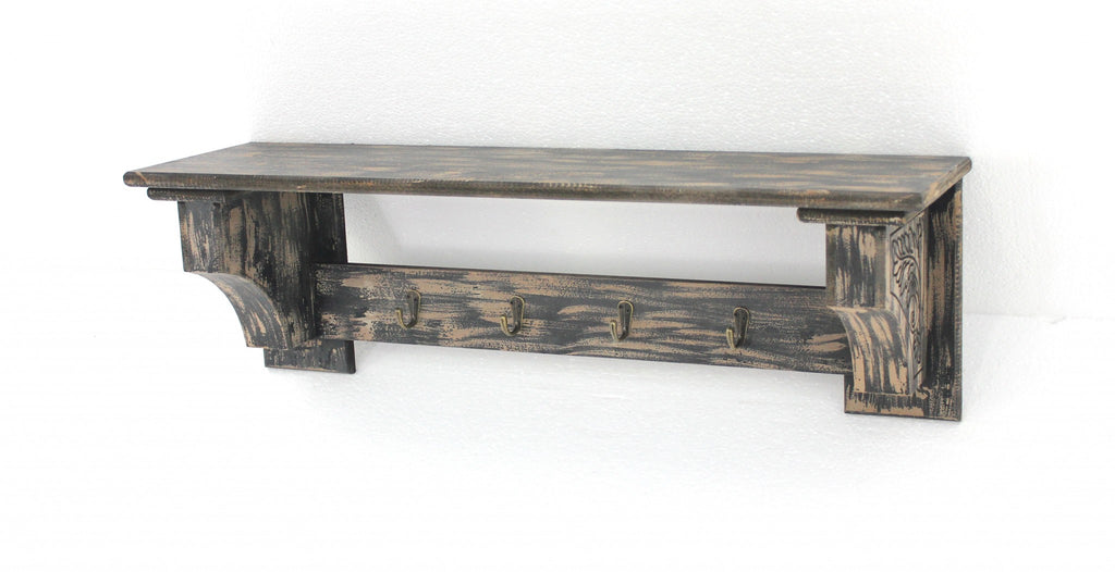 8 x 30 x 9.75 Black Vintage Wooden 4 Metal Hooks - Wall Shelf