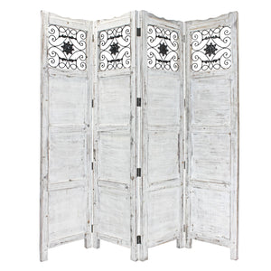 HomeRoots Gray Wash 4 Panel With Scroll Work Room Divider Screen 274888-HOMEROOTS 274888