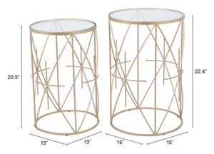 Zuo Modern Set Tempered Glass, Steel Modern Commercial Grade Side Table Set Gold, Clear Tempered Glass, Steel