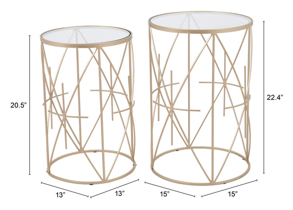 Zuo Modern Set Tempered Glass, Steel Modern Commercial Grade Side Table Set Gold, Clear Tempered Glass, Steel