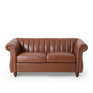 Glenmont Contemporary Channel Stitch Loveseat with Nailhead Trim, Cognac Brown and Espresso Noble House