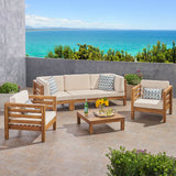 Noble House Oana Outdoor 5 Seater Acacia Wood Sofa Chat Set, Teak Finish and Beige