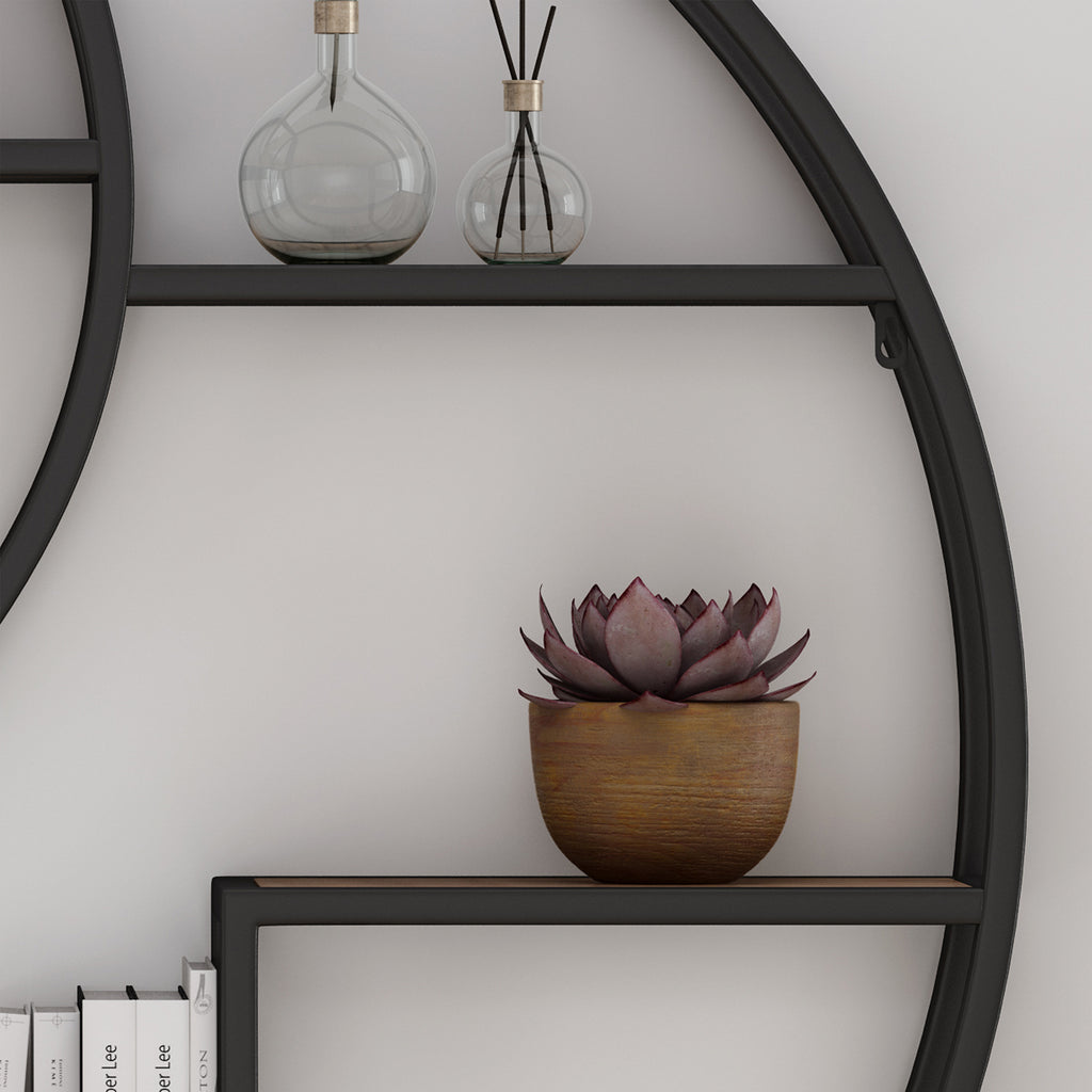 Buckthorn Industrial Circular Firwood Hanging Wall Shelf, Natural and Black Noble House