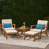 Temecula Outdoor Mid-Century Modern Acacia Wood 2 Seater Chat Set with Ottomans, Brown Patina and Cream Noble House