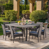 Chadney Outdoor 9 Piece Grey Wicker Square Dining Set with Grey Water Resistant Cushions Noble House