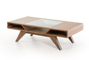 15' Walnut Wood Veneer and Glass Coffee Table