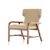 32' Walnut Wood and Taupe Leatherette Accent Chair