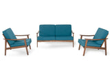 32" Blue and Walnut Wood and Linen Sofa Set