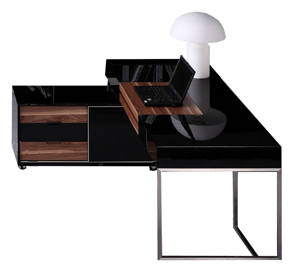 29.5' Black Gloss and Walnut Veneer and Stainless Steel Office Desk