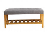 Rectangular Gray Padded Becnh with Oak Finish Legs and Shelf