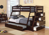 98" X 56" X 65" Espresso Pine Wood Bunk Bed (Twin/Full) with Trundle