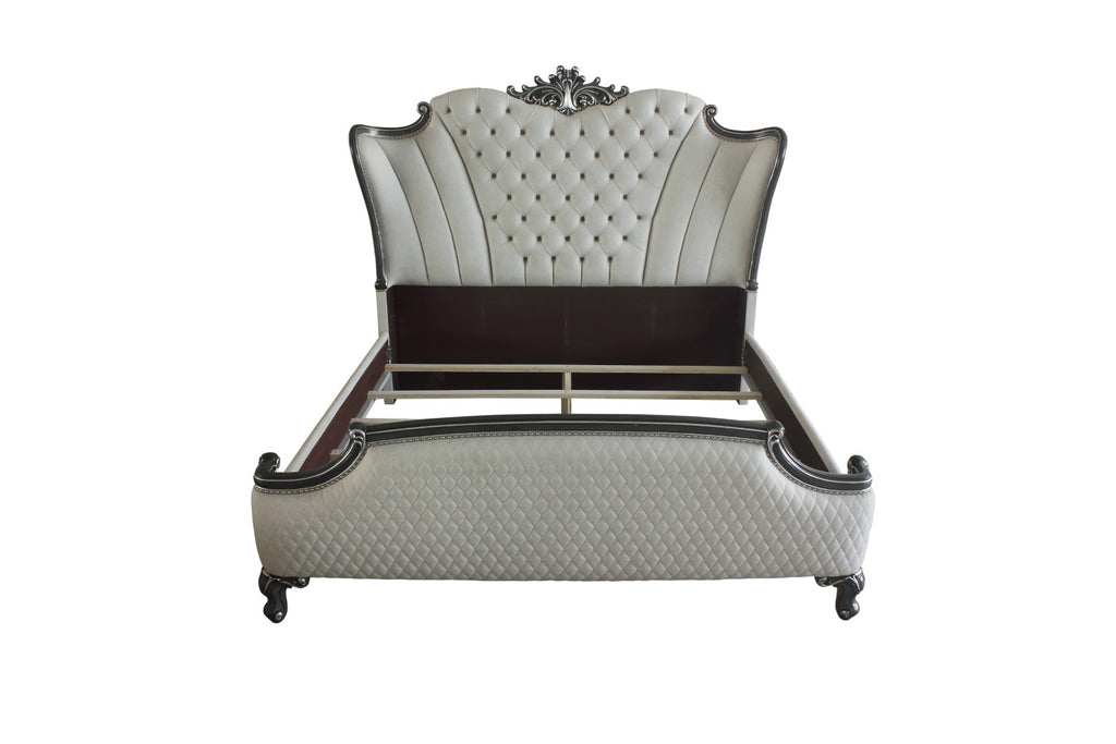 House Delphine Transitional Bed Charcoal Finish, 2-Tone Ivory Fabric(#CX19141-1) 28827EK-ACME