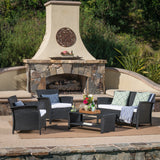 St. Lucia Outdoor 4 Piece Black Wicker Chat Set with White Water Resistant Cushions Noble House