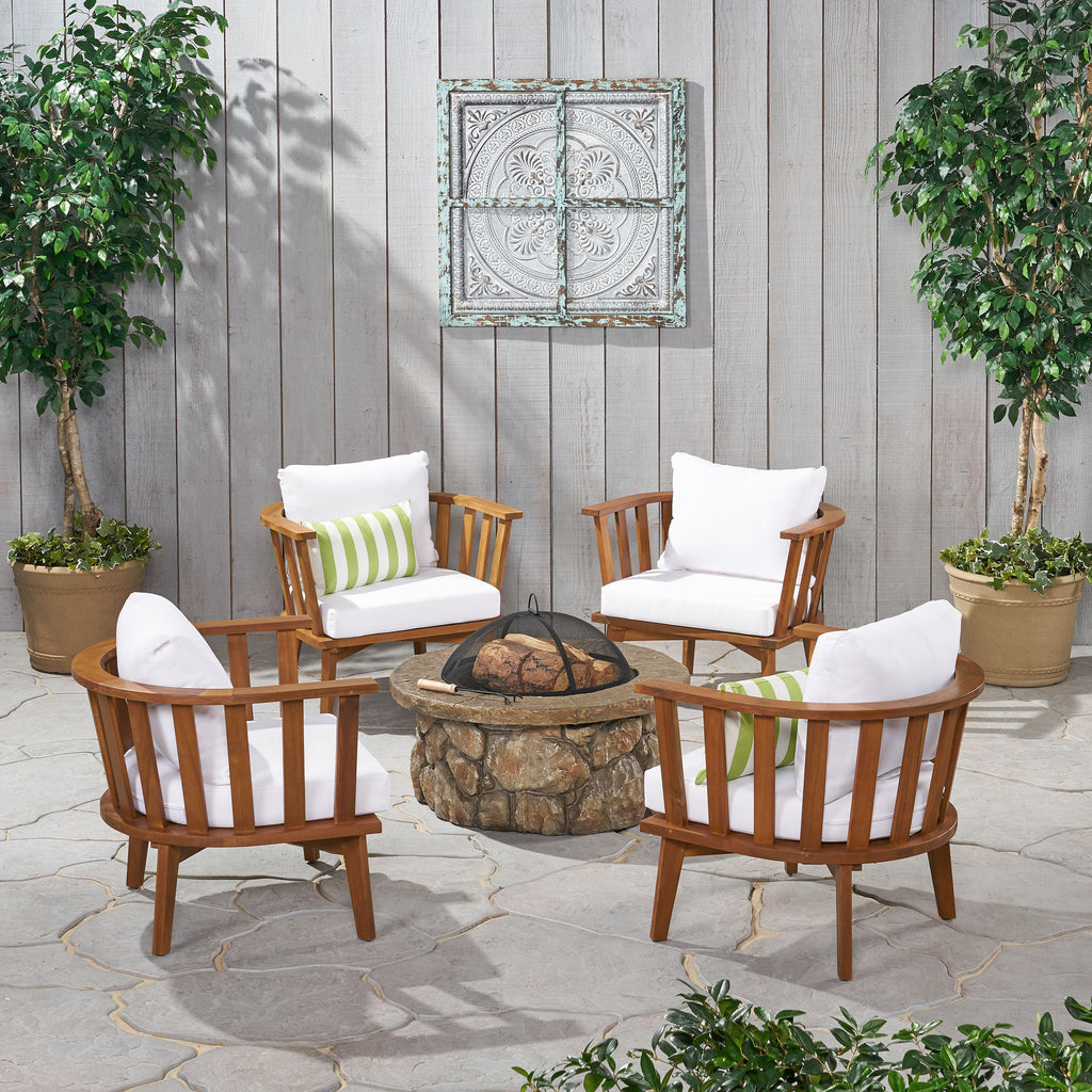Clarendon Outdoor Acacia Wood 4 Seater Club Chairs and Fire Pit Set, Teak and Stone Noble House