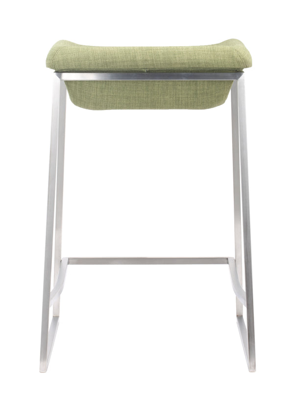 Zuo Modern Lids 100% Polyester, Stainless Steel Modern Commercial Grade Counter Stool Set - Set of 2 Green, Silver 100% Polyester, Stainless Steel