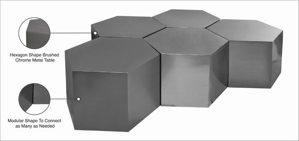 Hexagon Iron Contemporary Brushed Chrome Coffee Table - 60.5" W x 62.75" D x 16.5" H