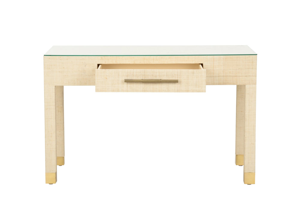 Sophisticate Console Table - Elegant Natural Saguran Design with Tempered Glass Top & Antique Brass Handle
