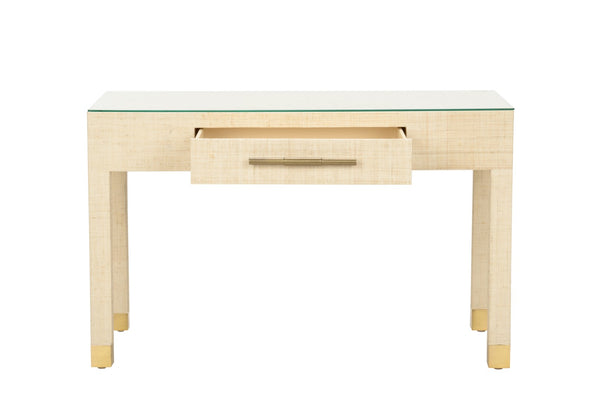 Sophisticate Console Table - Elegant Natural Saguran Design with Tempered Glass Top & Antique Brass Handle