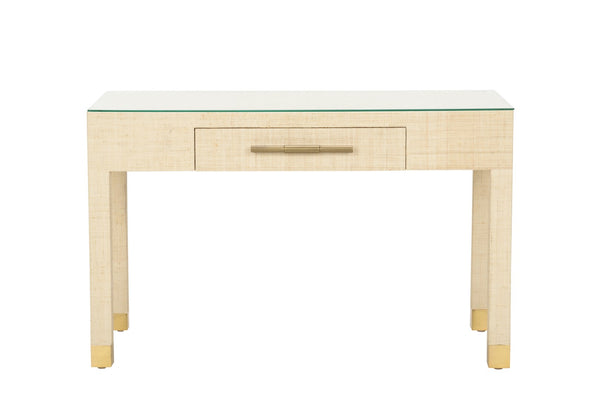 Sophisticate Console Table - Elegant Natural Saguran Design with Tempered Glass Top & Antique Brass Handle