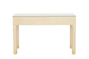 Sophisticate Console Table - Elegant Natural Saguran Design with Tempered Glass Top & Antique Brass Handle
