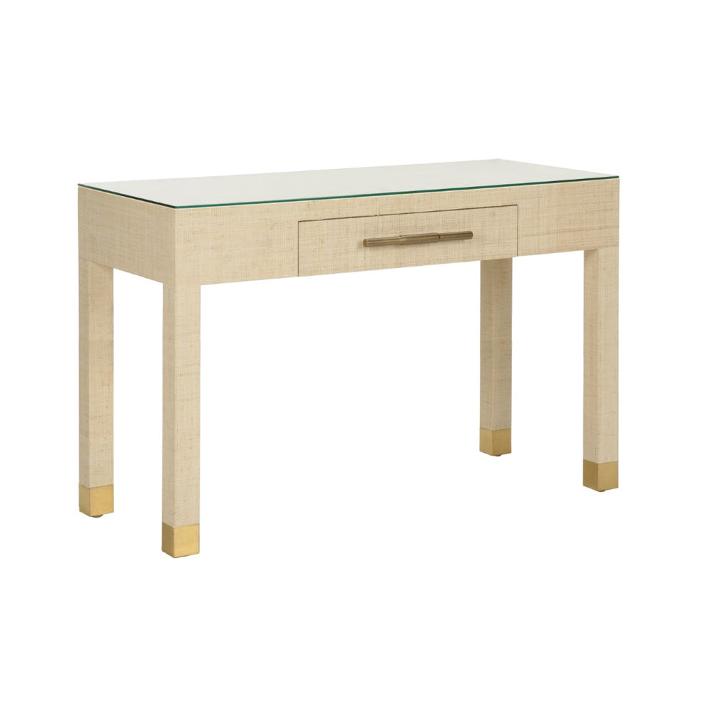 Sophisticate Console Table - Elegant Natural Saguran Design with Tempered Glass Top & Antique Brass Handle