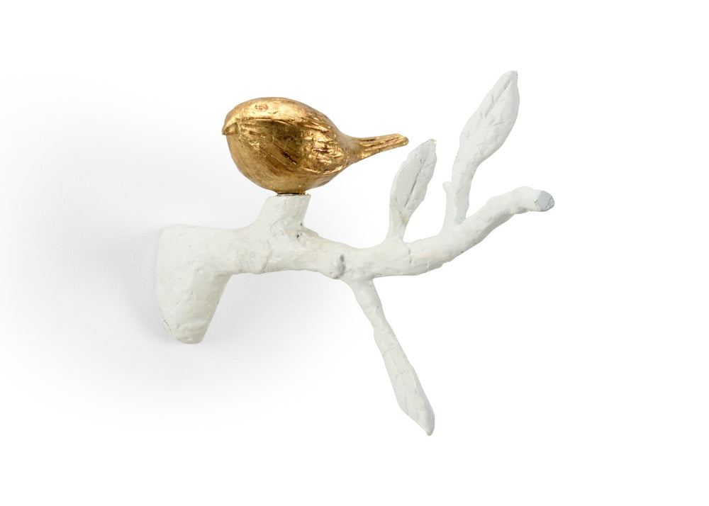 Tweet II - Elegant Antique Gold Bird Wall Decor on White Branch for Nature-Inspired Spaces