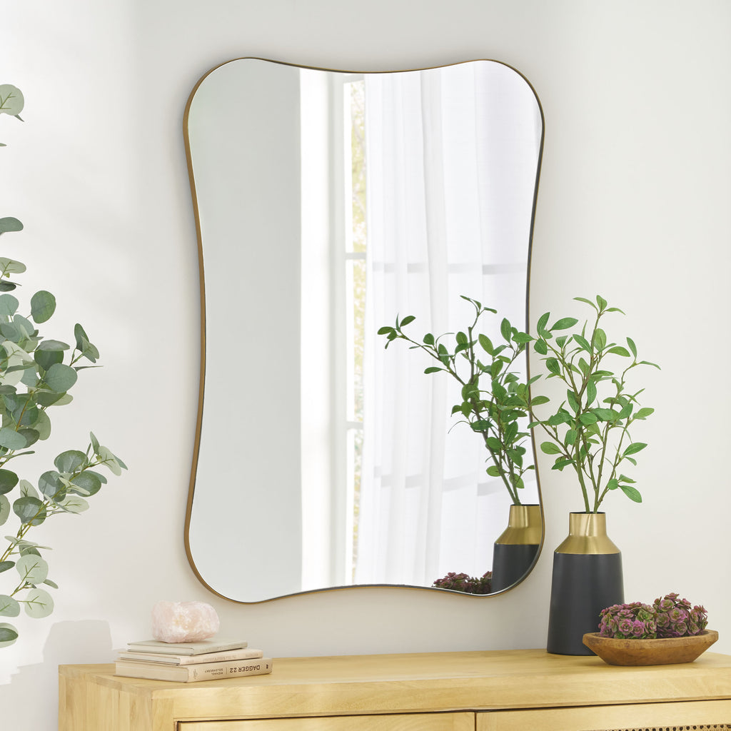 Simmons Contemporary Rounded Rectangular Wall Mirror, Brushed Brass Noble House
