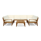 Grenada Outdoor Acacia Wood 10 Seater Sectional Sofa Set with Two Coffee Tables, Teak and Beige
