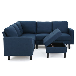 Zahra Dark Blue Fabric Sectional Couch with Storage Ottoman