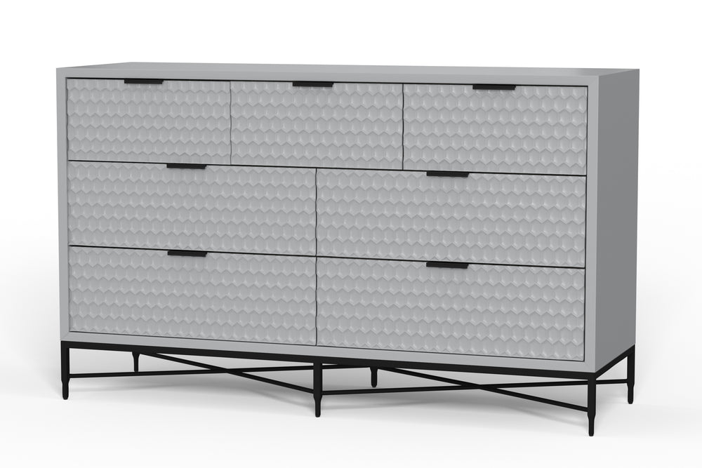 Milo Dresser in Light Slate Grey - 7 Drawer Storage with Felt Lined Top, Mahogany & Metal Base
