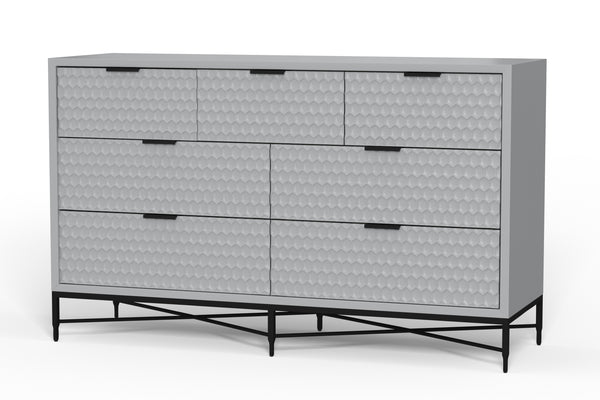 Milo Dresser in Light Slate Grey - 7 Drawer Storage with Felt Lined Top, Mahogany & Metal Base