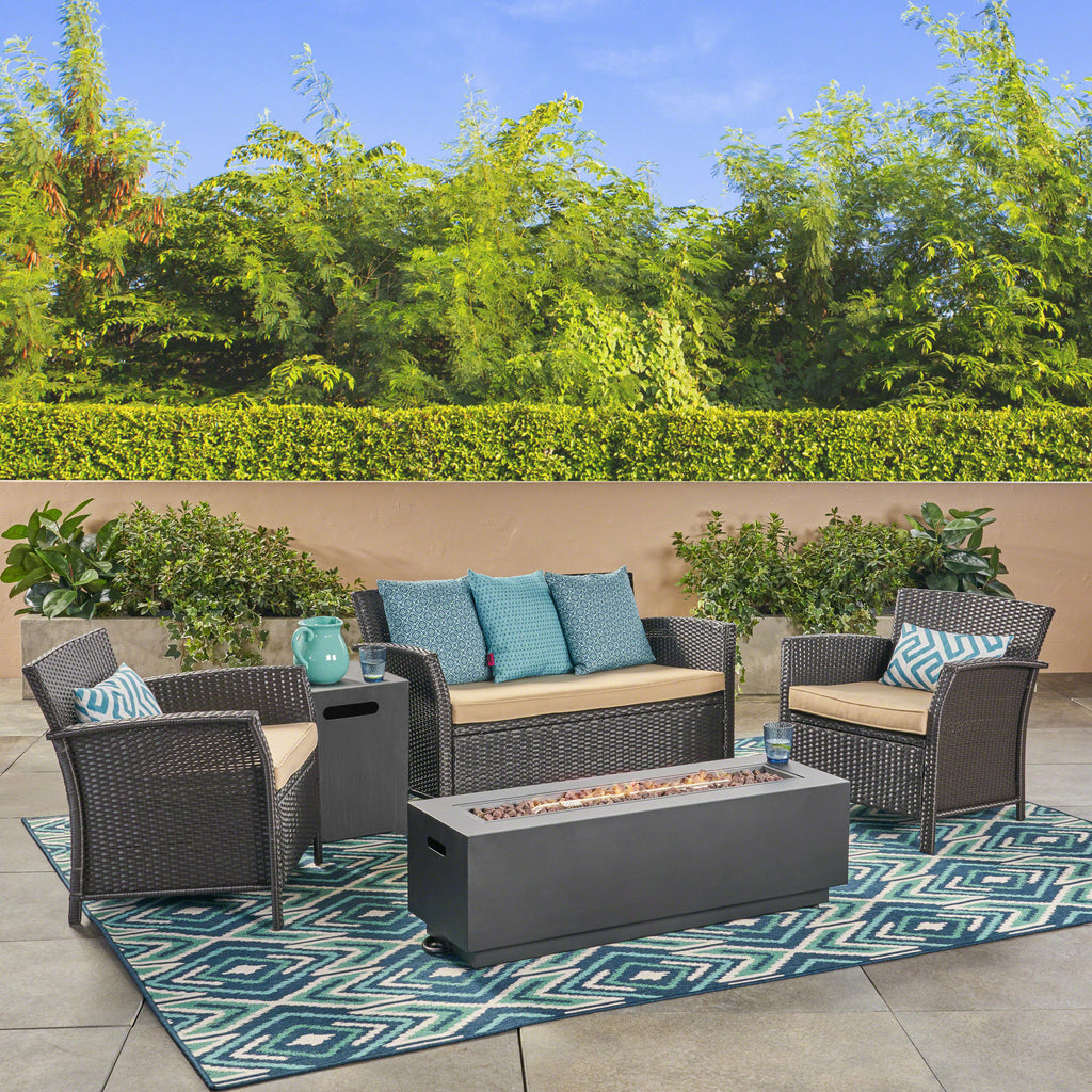 St. Lucia Outdoor 4 Seater Wicker Chat Set with Fire Pit, Brown and Tan and Dark Gray Noble House